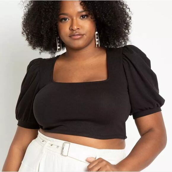 Eloquii puff sleeve black crop top, square neck, lace up back, size 22/24, NEW - Picture 4 of 4